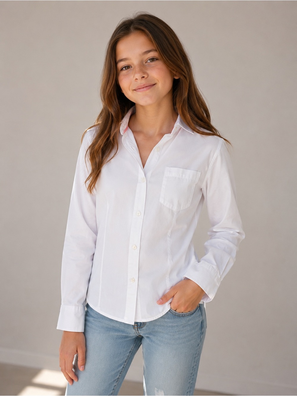 Girls White Button-Down Shirt with Subtle Pink Trim- Size 14-16